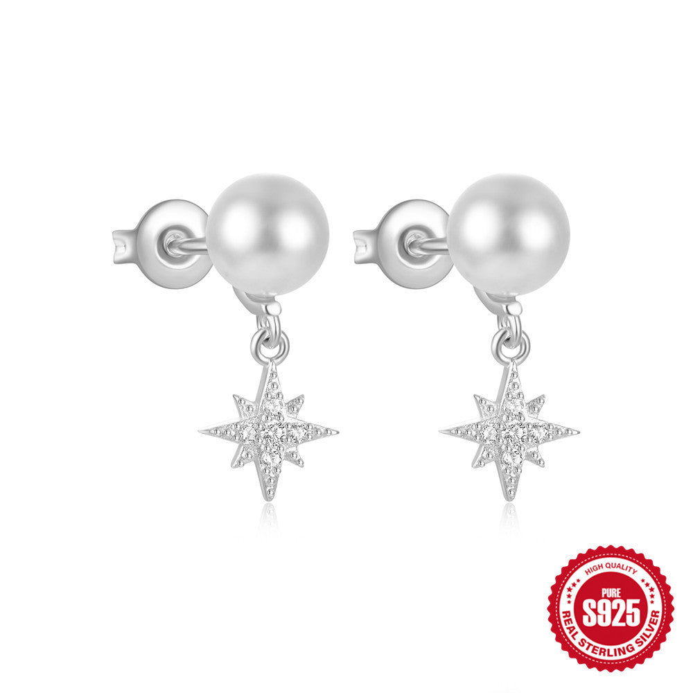 S925Sterling Silver Star Moon Pearl Moonstone Inlaid Diamond Earrings Stud Earrings Hot-Selling Women's Jewelry