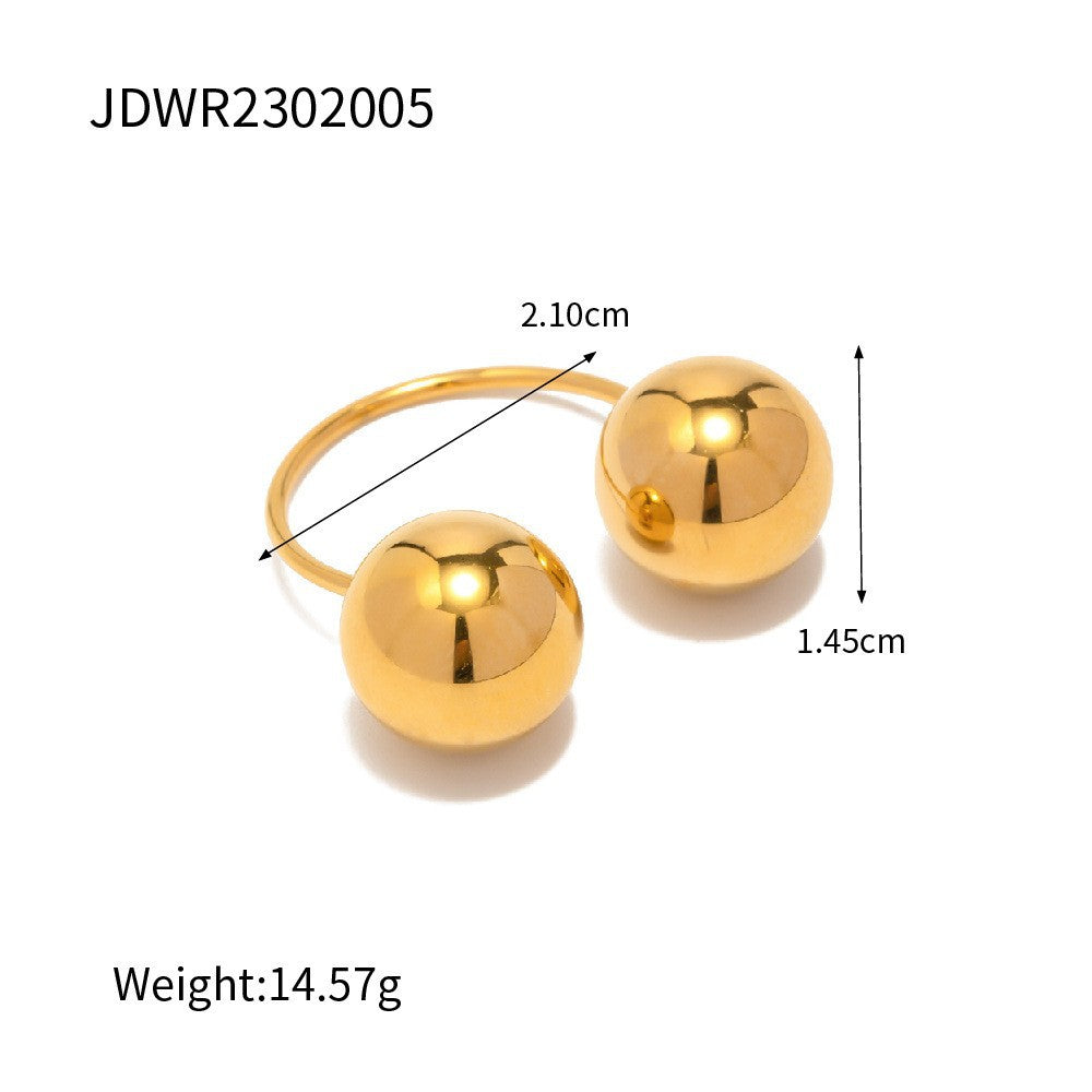 2H Non-Fading Steel Color Stainless Steel Double Large Ball Open Ring2025Fashionable and Unique Trendy Accessories