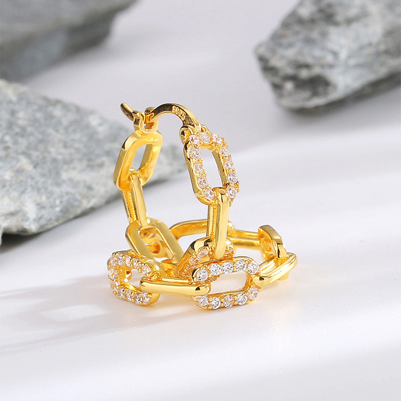 SE0033 S925Silver Hip-Hop Plated14K Gold Earrings for Women with Lock Clasp and Zircon Inlay, Minimalist Style