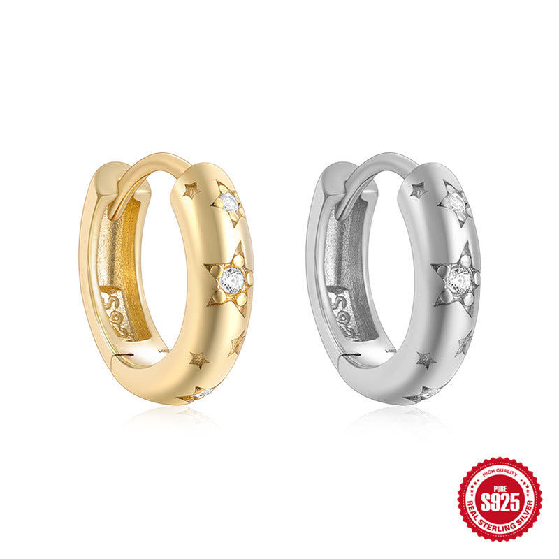 S925Sterling Silver Mini Wide Five-Pointed Star Inlaid Diamond Hoop Earrings Hot-Selling New Earrings for Women