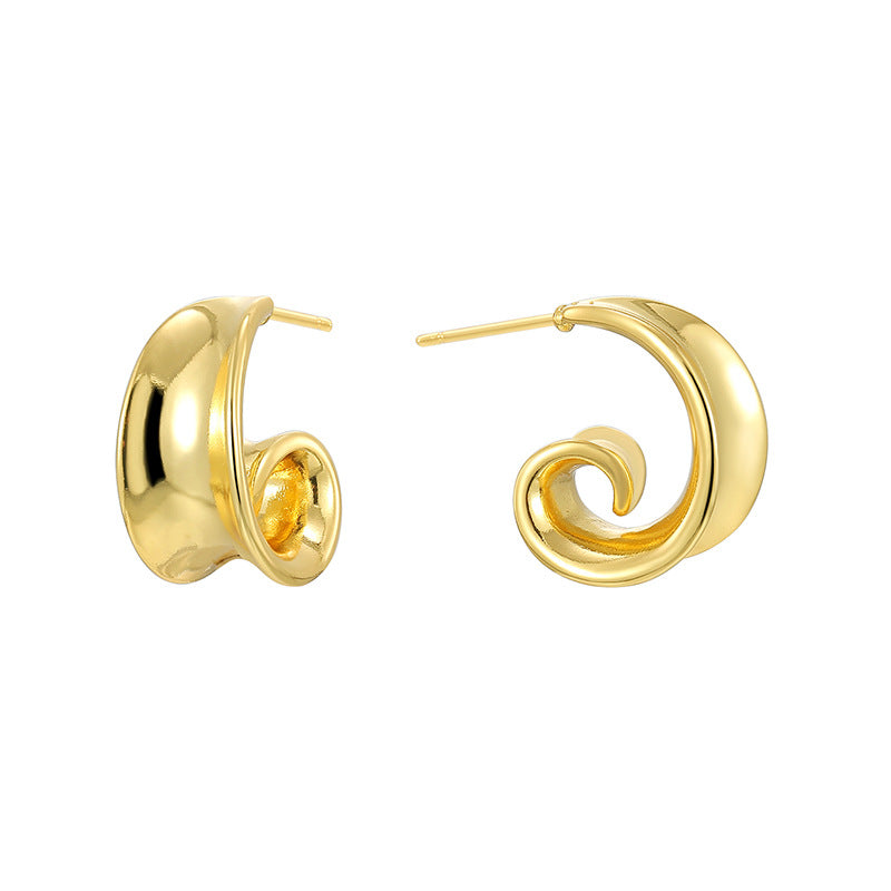 E0782 Design Curved Earrings for Women, Brass Gold-Plated, Simple Smooth Retro Earrings