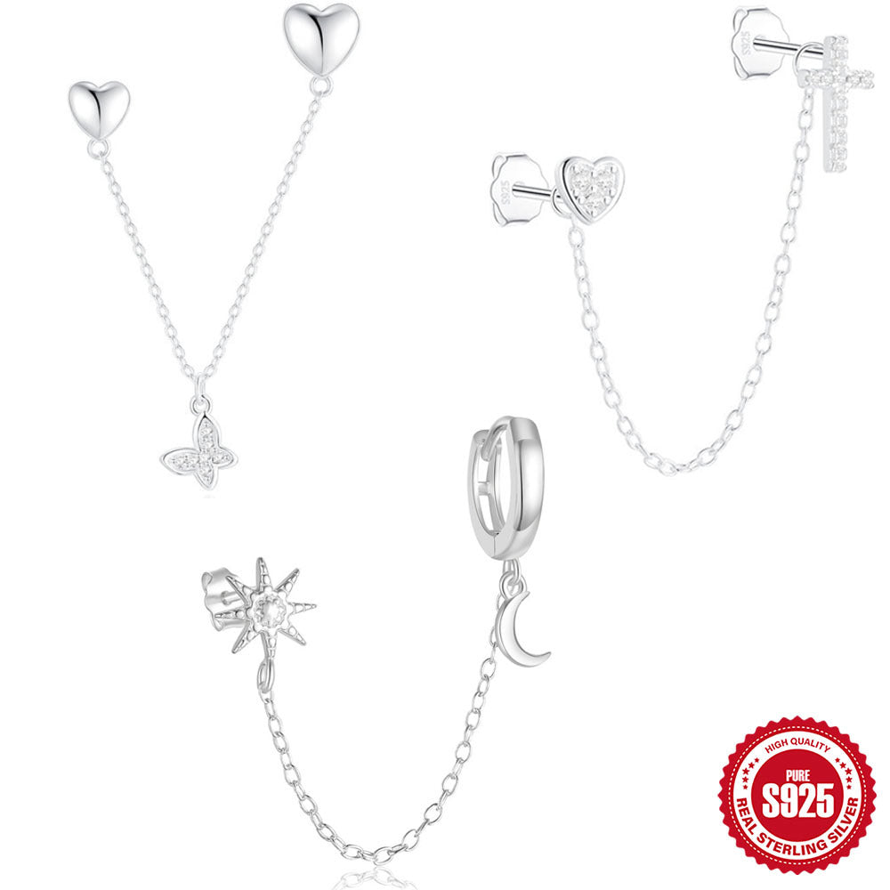 S925Sterling Silver Star Moon Tassel Chain Diamond Earrings Korean Style Love Heart Design Bright Silver Earrings for Women