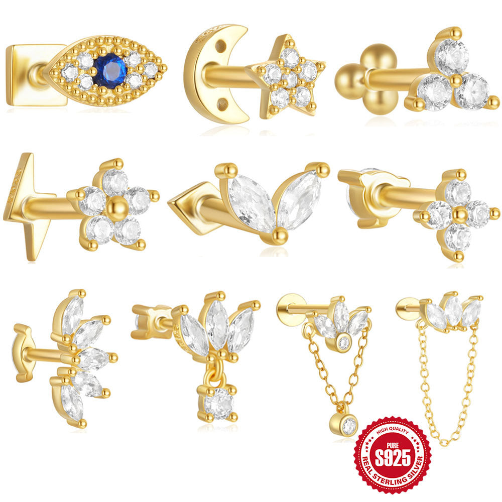 S925Sterling Silver Horse Eye Inlaid Diamond Crown Double-Sided Wearable Soft Bone Threaded Piercing Ear Bone Stud New Earrings for Women