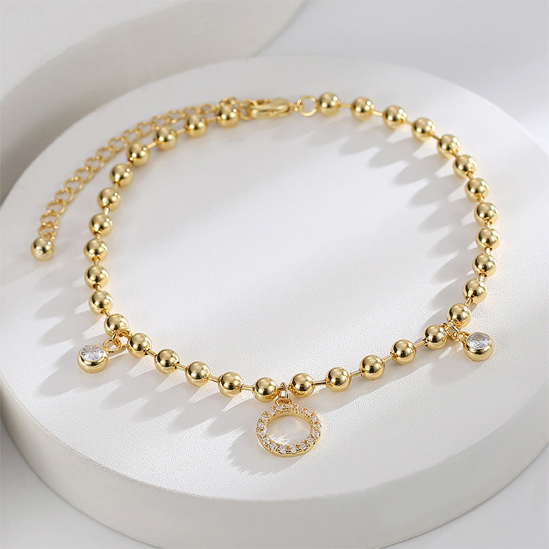 A0030 gold Round Bead Chain Inlaid Zircon Anklet for Women Simple and Cool Micro Inlaid White Zircon Foot Jewelry