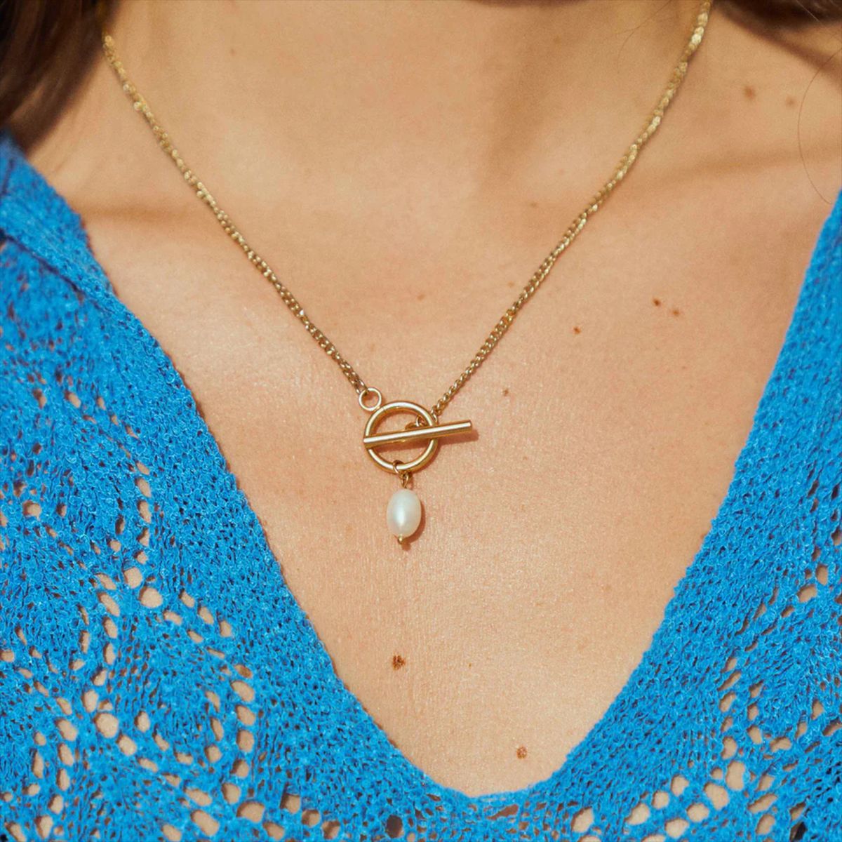 2H Stainless Steel 18k Gold Pearl Pendant Necklace Elegant Non-Fading Collarbone Chain Jewelry