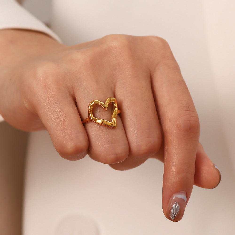 French Style Ring for Women, Designer Blogger's Same Style, Hammered Heart Gold-Plated Non-Fading Ring