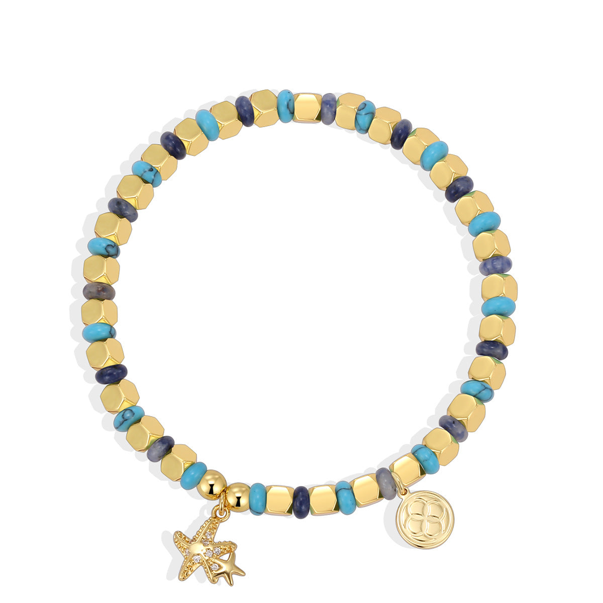 B0295 Bohemian Vacation Starfish Father and Son Zircon Beaded Vintage Blue Dot Quartz Bracelet