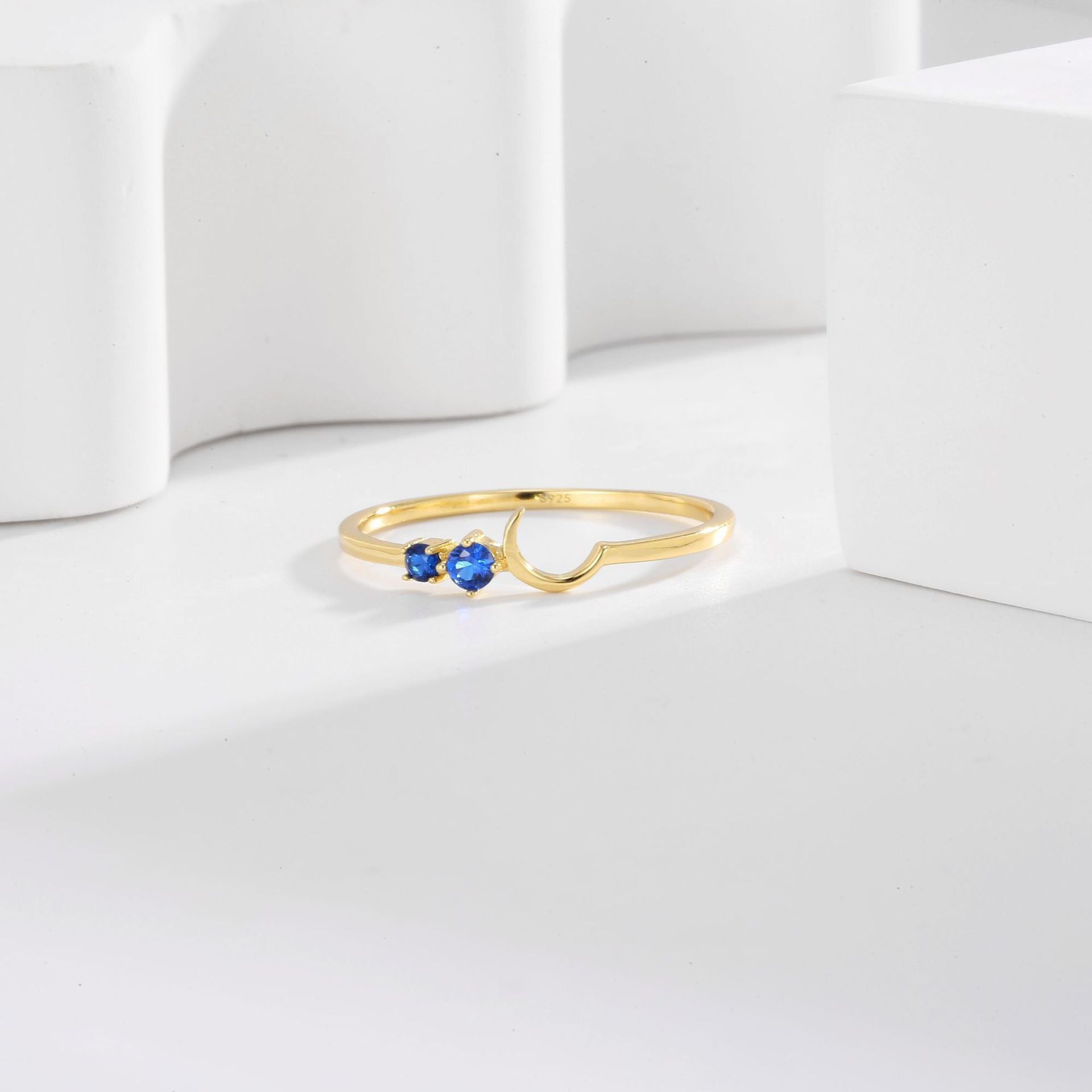 SR0052 S925Silver Moon Blue Star Design Sense Simple Thin Ring