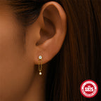 S925Sterling Silver Inlaid Diamond Small Gold Ball Piercing Threaded Ear Bone Stud Japanese and Korean Sweet Style Chain Tassel Earrings Stud for Women