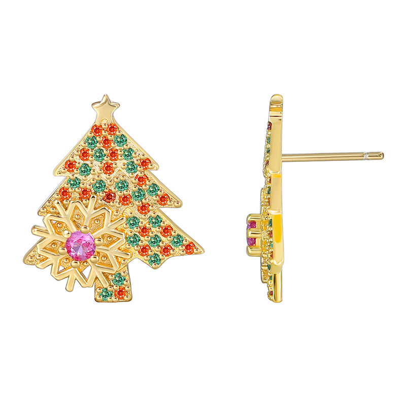 E0543 Fashion Christmas Jewelry Zircon Earrings for Women Brass Gold-Plated Exquisite Christmas Tree Snowflake Stud Earrings