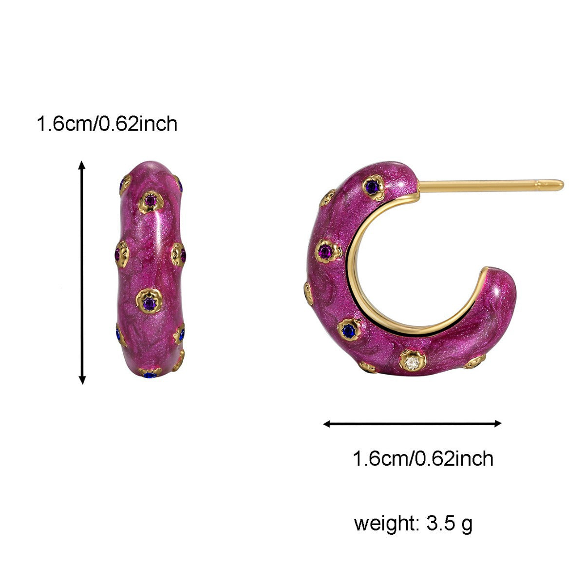 E0546 Trendy Geometry C Shaped Epoxy Inlaid Colorful Zircon Earrings for Women, Vintage Creative Simple Stud Earrings