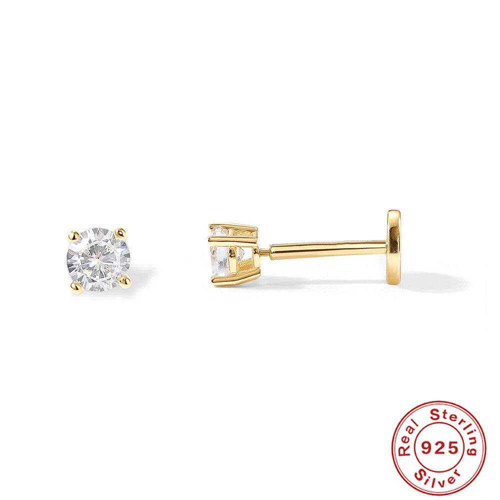 S925Sterling Silver Four-Prong Diamond-Studded Flat Head Threaded Piercing Cartilage Earrings Hot-Selling Classic Minimalist Ear Jewelry