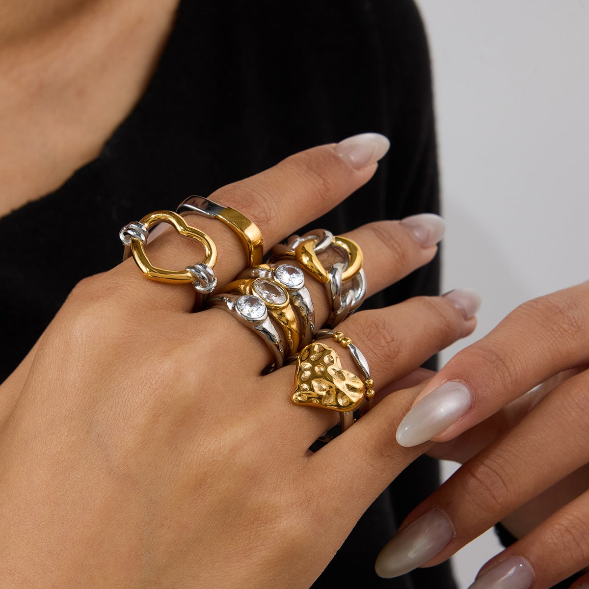 2H Heart-shaped Zircon Ring for Women, Non-fading Stainless Steel Jewelry