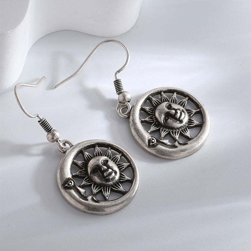 E0712 Design Sense Moon Sun Smiley Face Ear Hooks Ancient silver Cool Style Creative Earrings