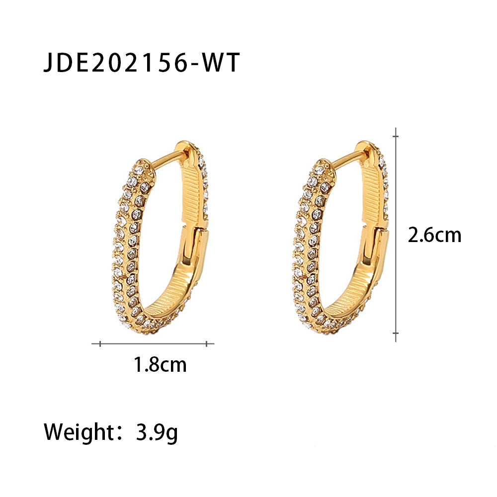 2H French Style New Fashion Versatile18k Gold Plated Stainless Steel Earrings Inlaid with White Cubic Zirconia Hoop Earrings
