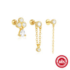 S925Sterling Silver Inlaid Diamond Small Gold Ball Piercing Threaded Ear Bone Stud Japanese and Korean Sweet Style Chain Tassel Earrings Stud for Women