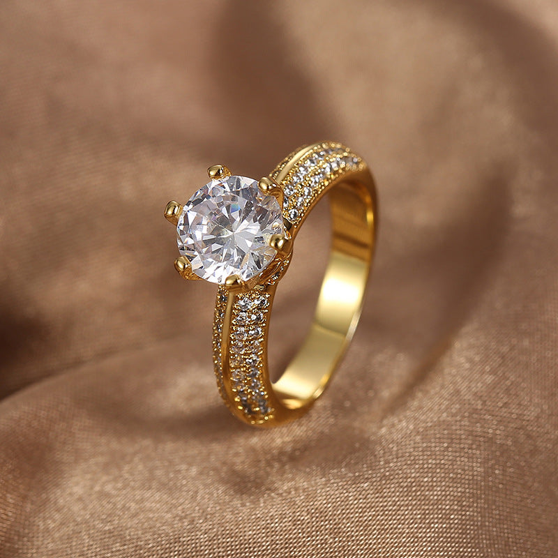 R0351 Fashion Six-Claw Design Zircon Ring for Women Retro Micro-Paved White Zircon