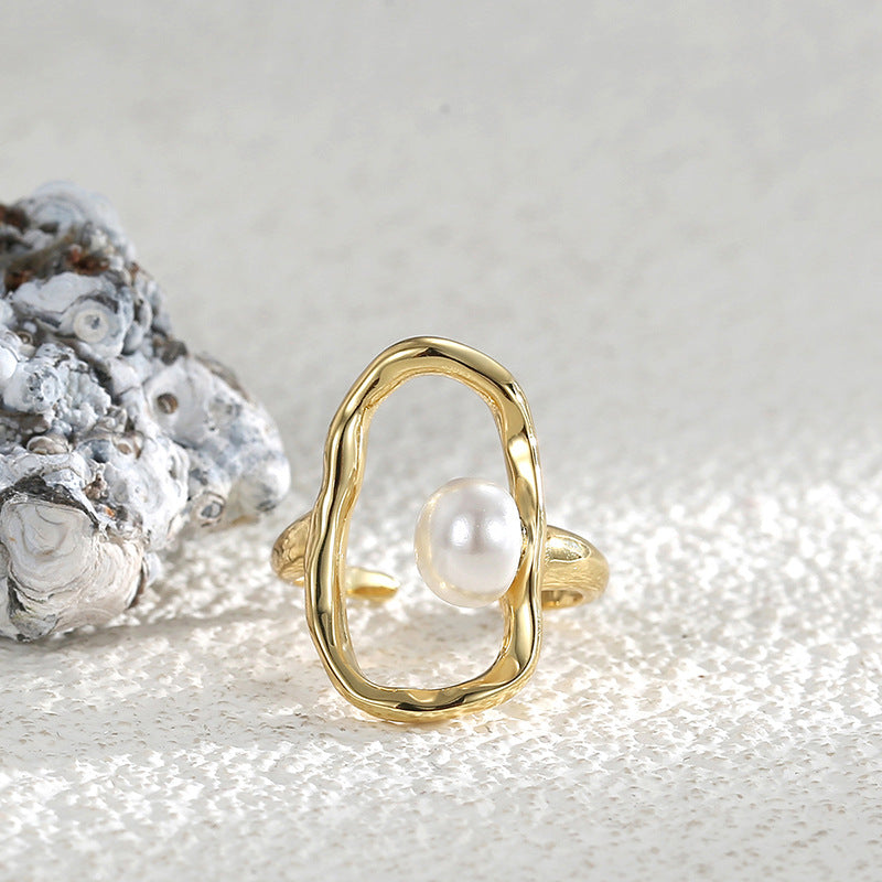 R0110 French Fashion Adjustable Ring Personality Open Ring Design Shell Pearl Ring for Women