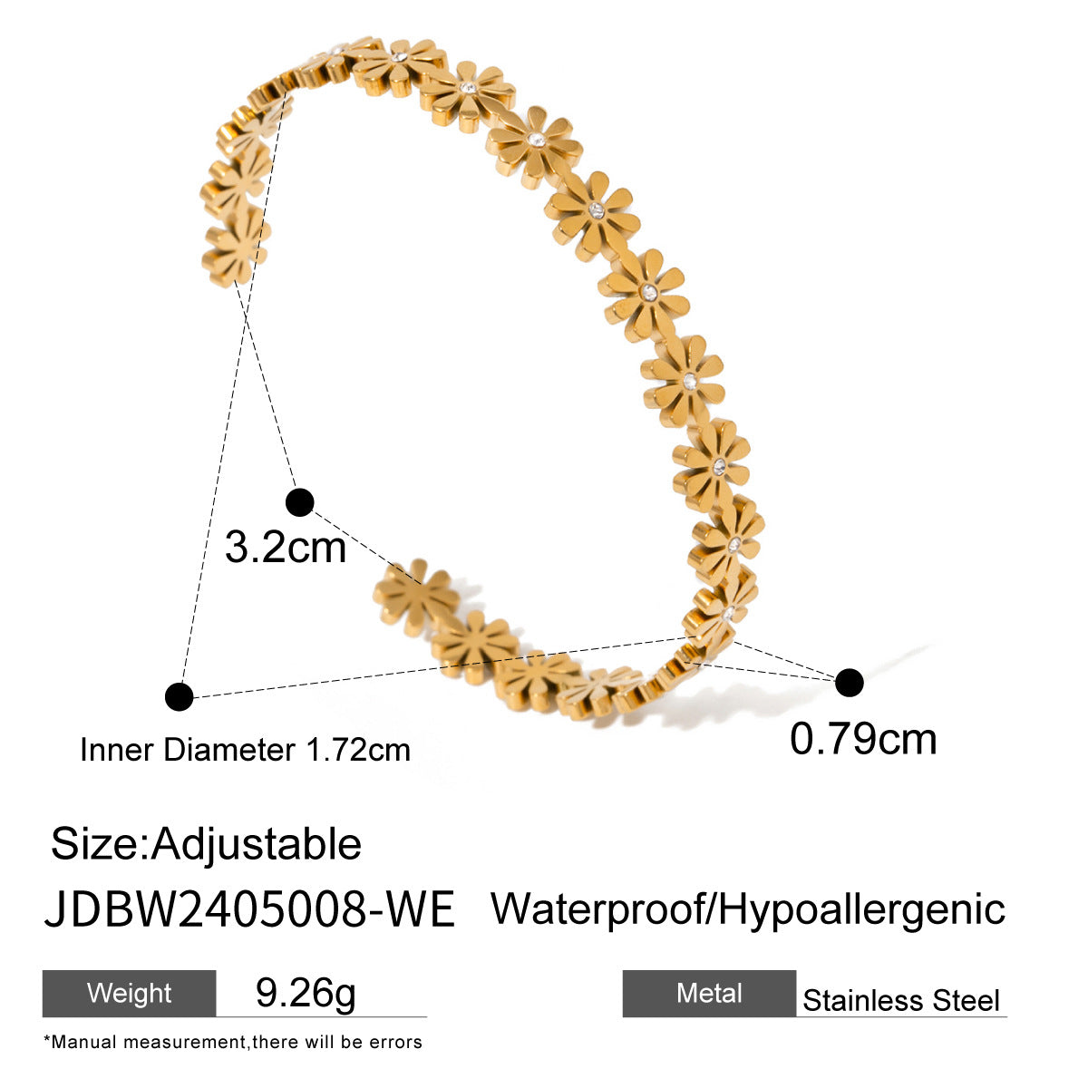 18K Gold Stainless Steel Small Daisy Pearl Open Bracelet Fashion Simple Zircon Bracelet