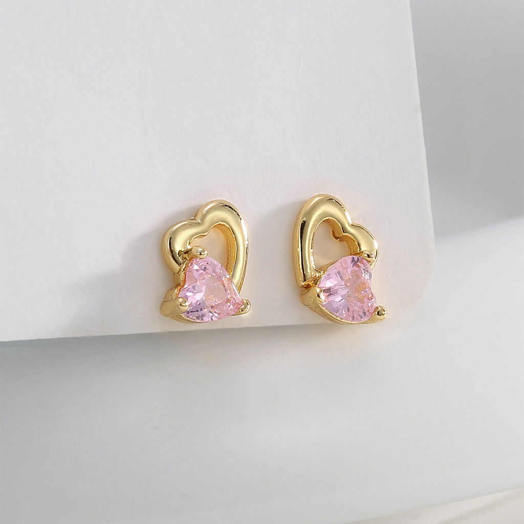 E0771 Korean Style Cute Fashionable Earrings for Women Hollow Heart-Shaped Inlaid with Pink Zircon Heart Earrings