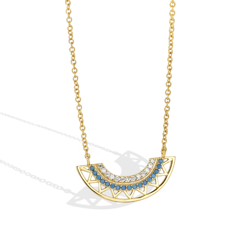 N0124 Bohemian Geometric Fan-Shaped Hollow Pendant Turquoise Necklace Jewelry