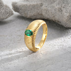 R0149 Four-Prong Oval Green Zircon Ring for Women with Unique Design and Bread Pattern