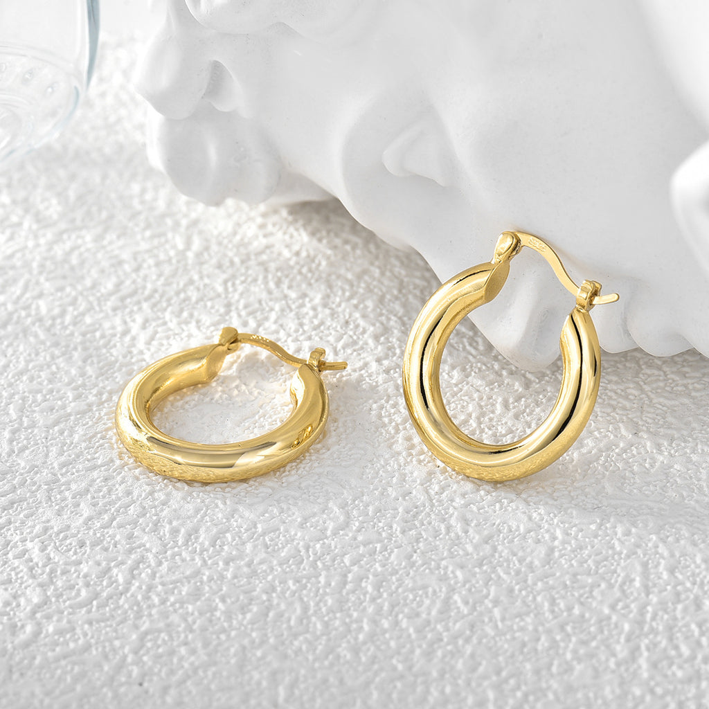 E0201 Basic Gold-Plated Smooth Earrings for Women, Simple Style with Metallic Texture Hoops