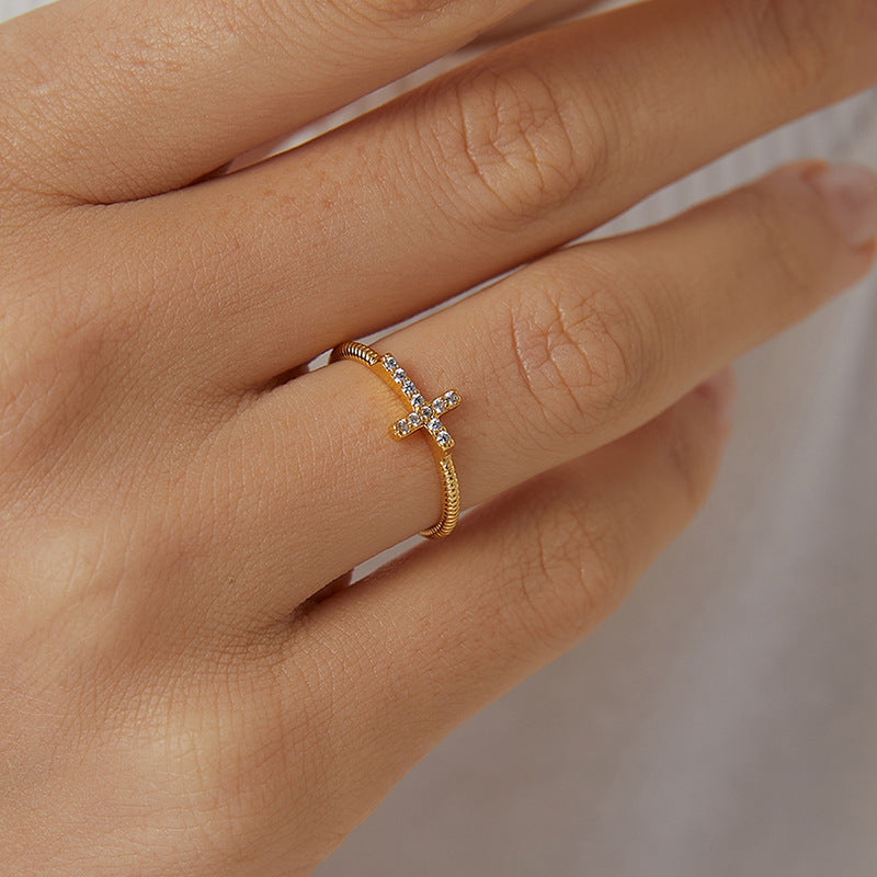 R0034 Fashion Trend Cross Ring for Women Simple Versatile Zircon Inlaid