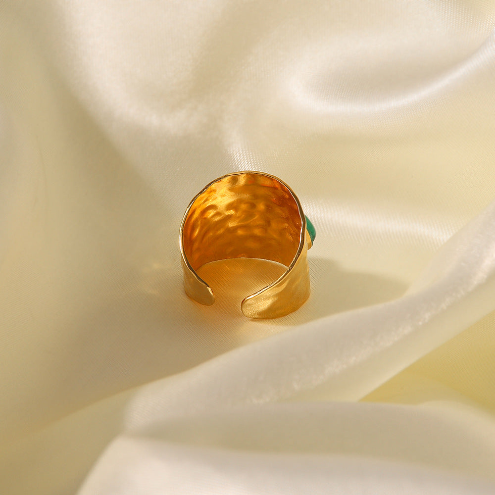 2H French Design Ring Three Irregular Green Natural Stones Exaggerated Ring Stainless Steel Ring