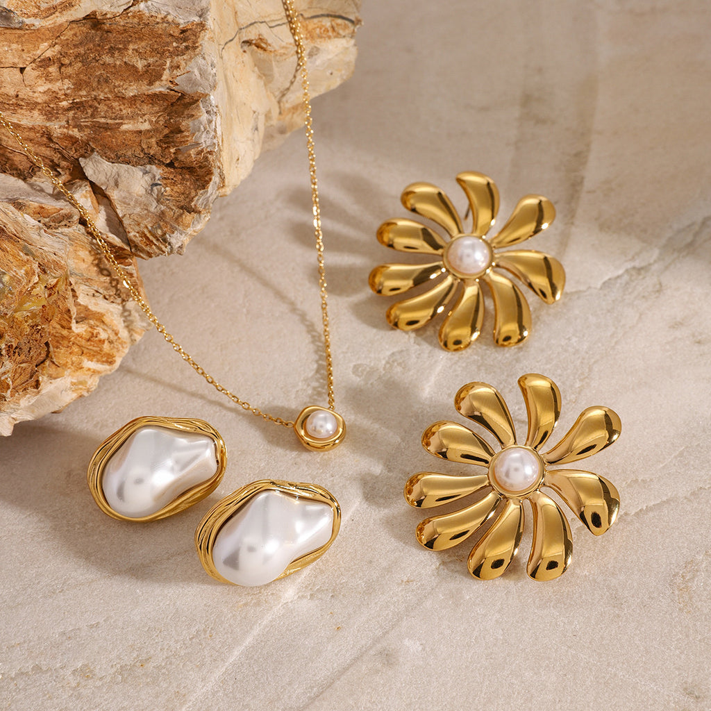 2H Stainless Steel Pearl Necklace Ring Exaggerated Earrings Set Decorations