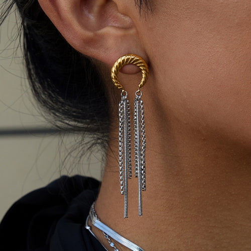 Crescent Moon Tassel Gold-Plated Stainless Steel Hoop Earrings — design detail