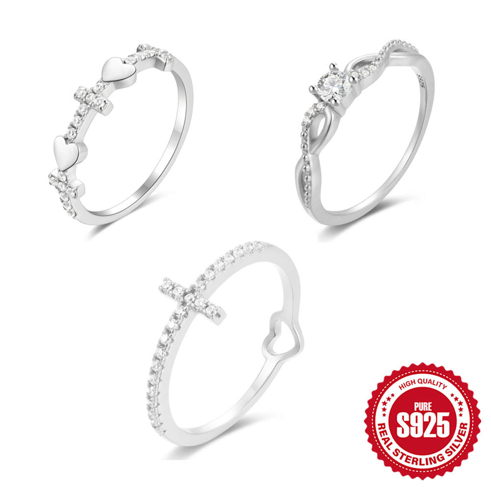 925Sterling Silver Heart-Shaped Diamond-Studded Index Finger Ring Korean and Japanese Style New Cross Wave Zircon Ring