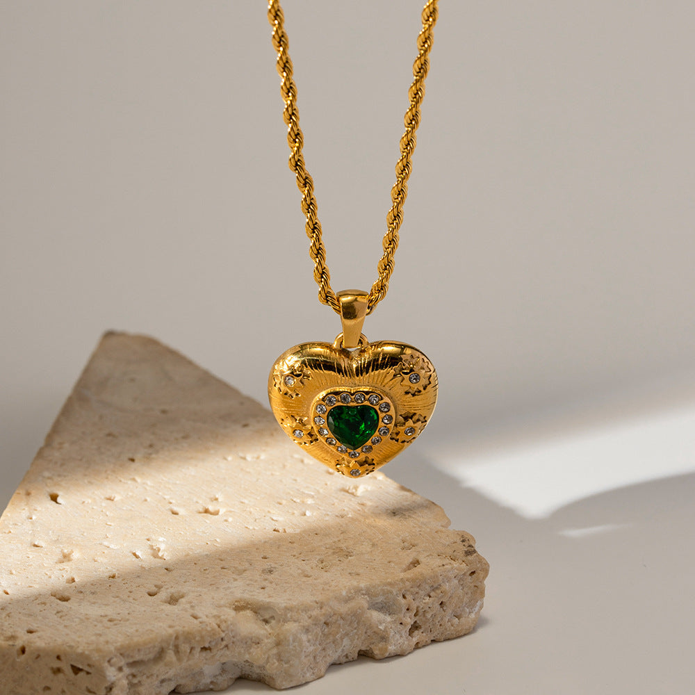 Jewelry18k Gold Stainless Steel Zircon Necklace Vintage Heart Pendant Non-Fading Jewelry for Women