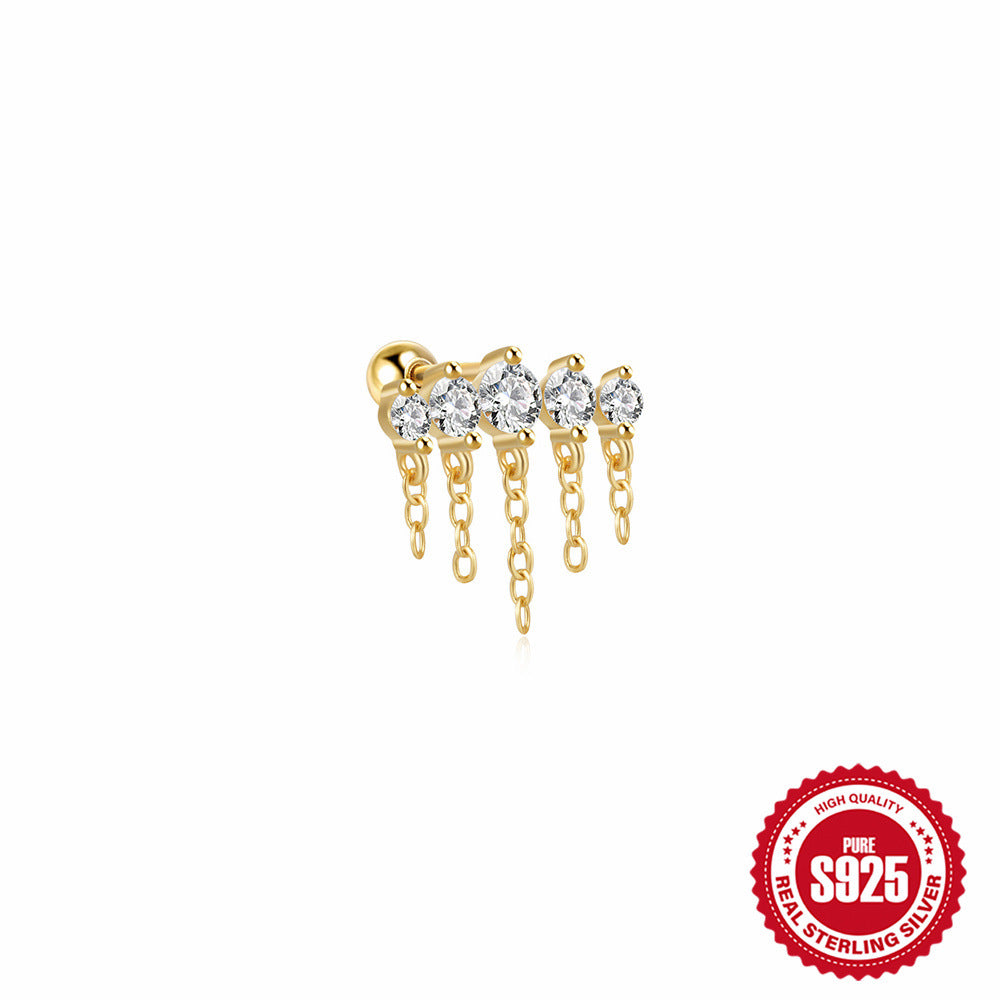 S925Sterling Silver Tassel Inlaid Diamond Chain Earrings Stud Korean Style Hot-Selling Fashion Piercing Jewelry