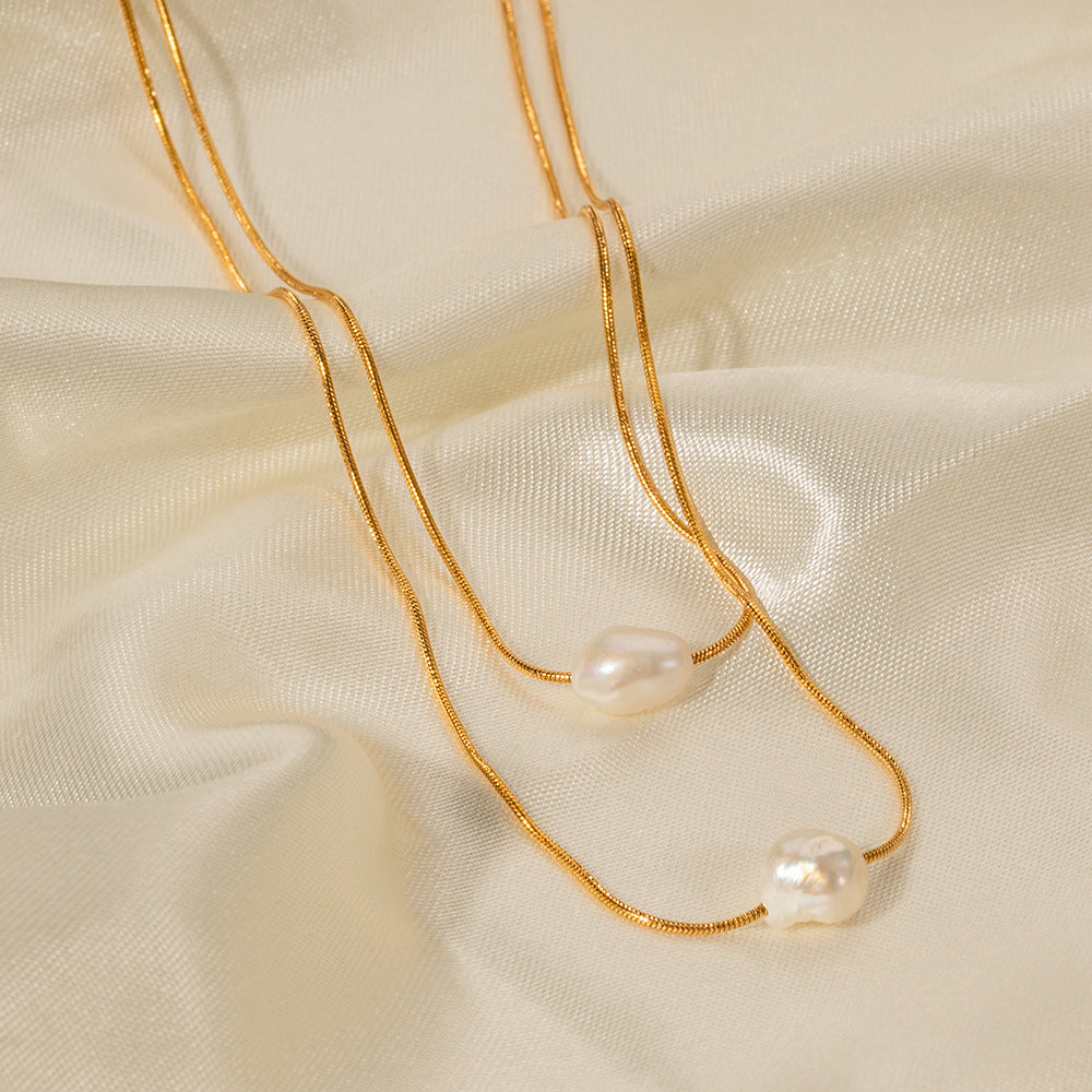 2H  New Pearl Necklace18k Gold Stainless Steel Inlaid Freshwater Pearl Double Layer Non-Fading Necklace