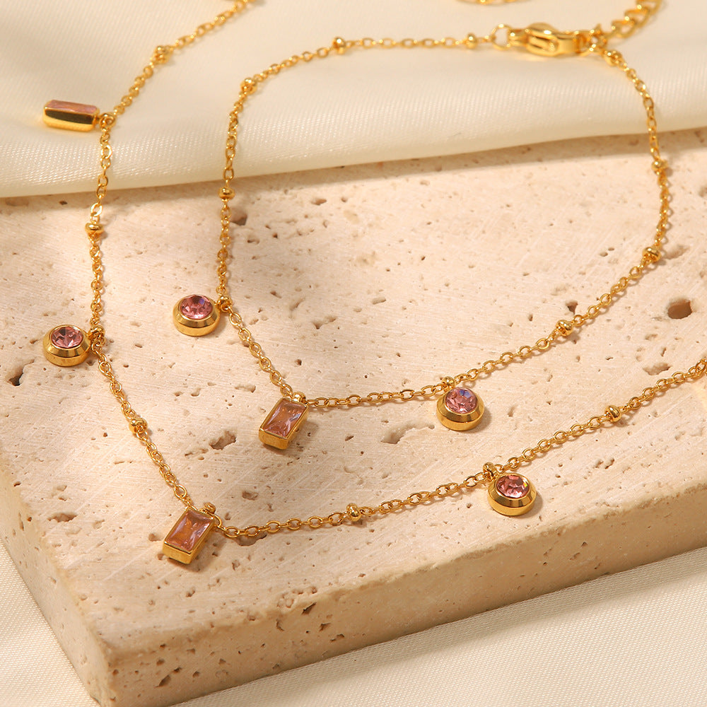 2H 18K Gold Square Pink Purple Round Pendant Bracelet Versatile Non-Fading Bracelet Jewelry