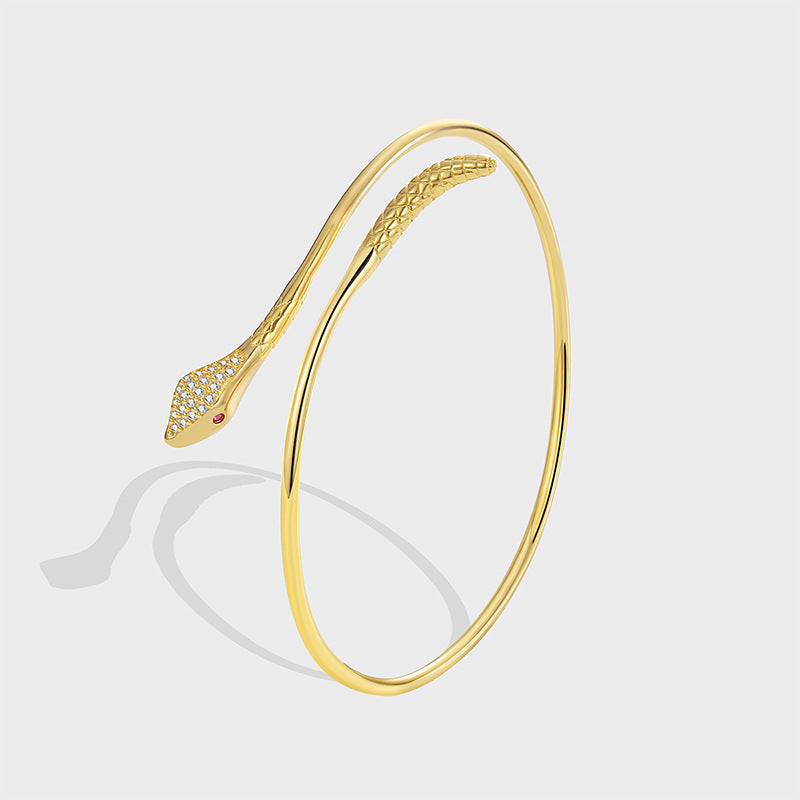 B0151 Personalized Design Snake-Shaped Bracelet for Women, Brass Gold-Plated Micro-Inlaid White Zircon Simple Bangle
