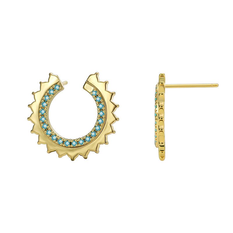 E0041 Copper Plated Real Gold Gear Type Stud Earrings for Women fashion Blue Turquoise Earrings