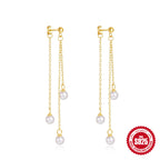 S925Sterling Silver Inlaid Diamond Pearl Tassel Chain Earrings Studs Hot-Selling Geometric Star Moon High-End Ear Jewelry