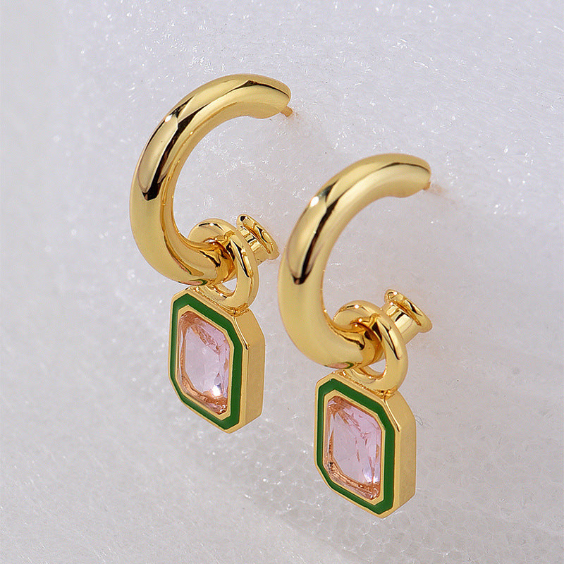 E0632 Elegant Retro Geometric Octagon Earrings for Women with Green Resin Inlaid Pink Zirconia