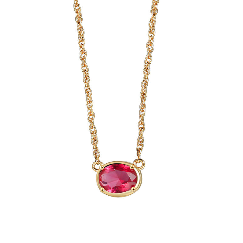 N0187-Red Fashion Retro Versatile Pendant for Women Oval Red Zircon Design Clavicle Chain