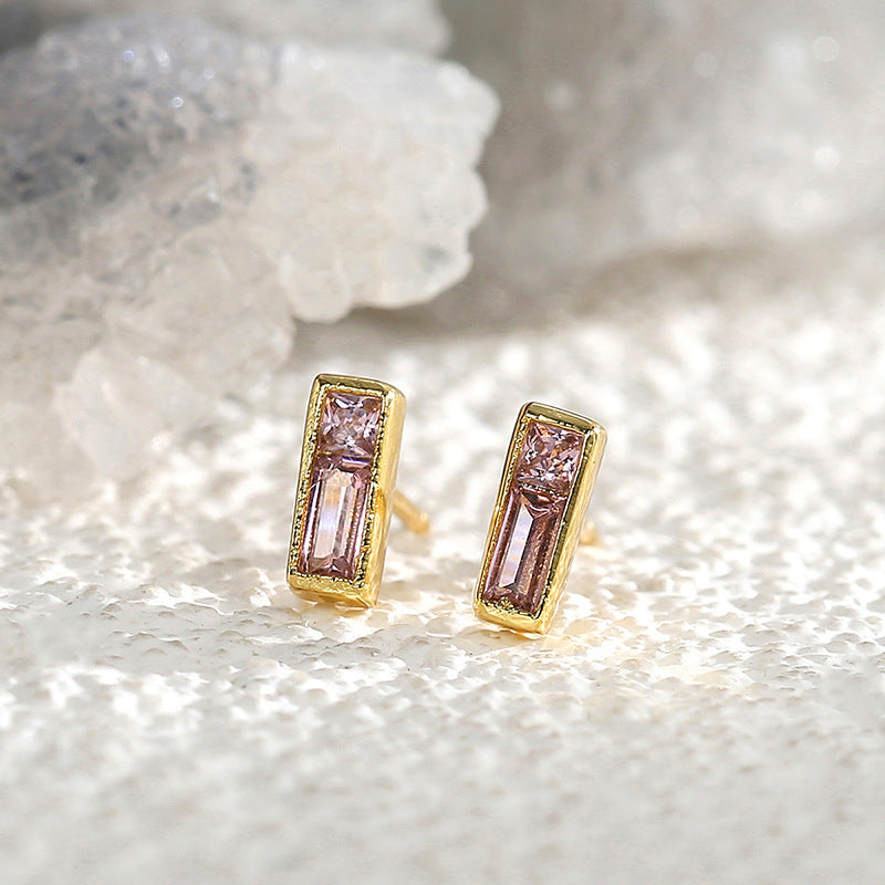E0366 Modern Simple Rectangular Pink Zircon Stud Earrings for Women Fashion Exquisite Jewelry Earrings