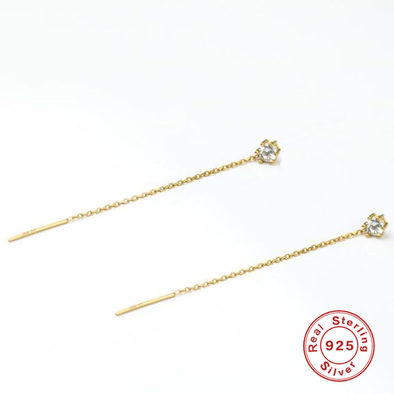 S925Pure Silver Long Minimalist Tassel Claw Setting Diamond Ear Thread Earrings Korean and Japanese Heart Earrings