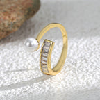 R0065 Ladder Cubic Zirconia Pearl Open18K Gold Electroplated Ring Women's Fashion Shell Pearl Ring