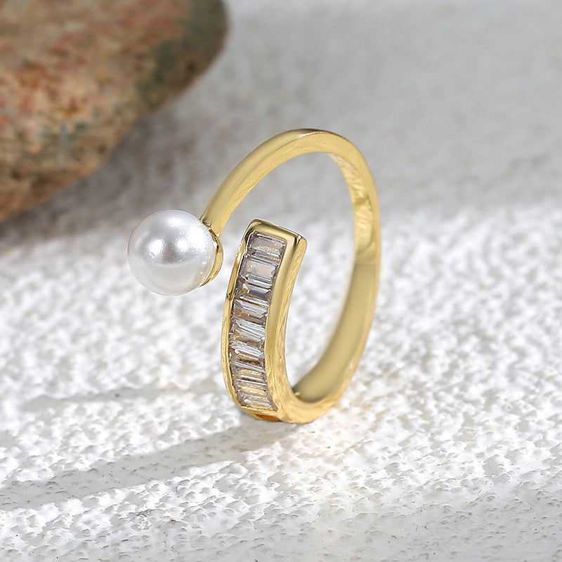 R0065 Ladder Cubic Zirconia Pearl Open18K Gold Electroplated Ring Women's Fashion Shell Pearl Ring