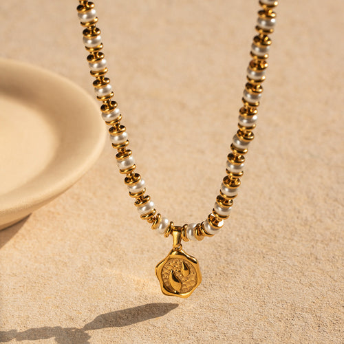 18K Gold-Tone Coin Medallion Pearl Pendant Stainless Steel Necklace in a gold-tone stainless steel finish