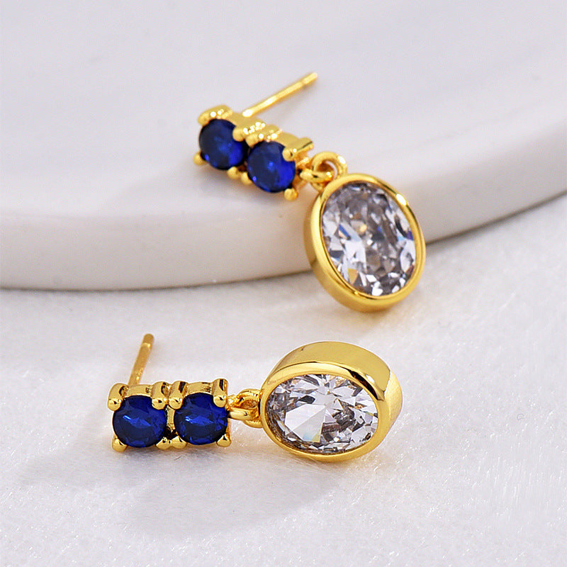 E0658 Elegant Fashion Oval Blue and White Zircon Earrings for Women Retro Minimalist Drop Earrings