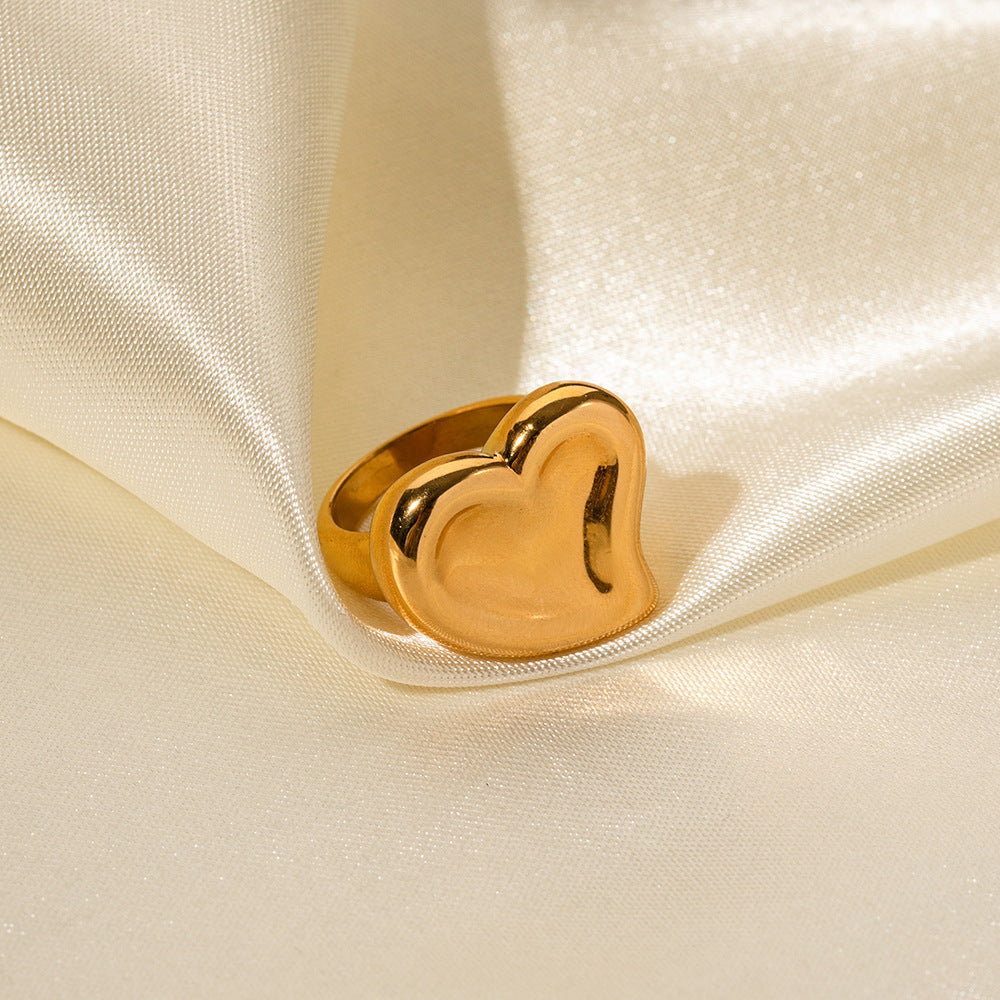 2H Trendy Influencer Fashion18K Gold Stainless Steel Exaggerated Heart Ring Fashion High-end Non-fading Jewelry