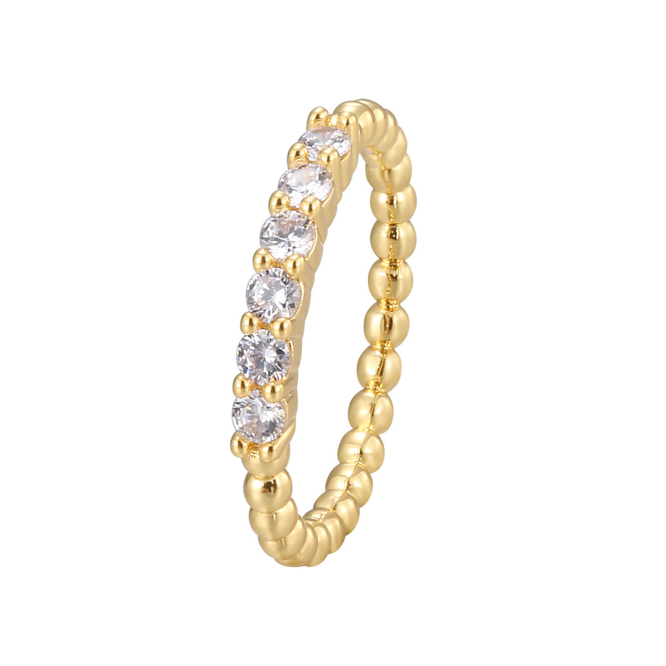R0392 French-style Small Round Bead Design Gold-plated Ring for Women, Simple Micro-inlaid Zircon Ring