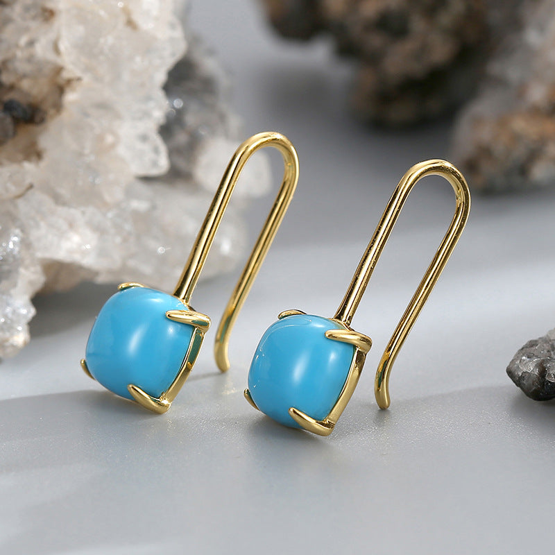E0435 Korean style U Blue Turquoise Ear Hook Women's Copper Plated Real Gold New Simple Earrings